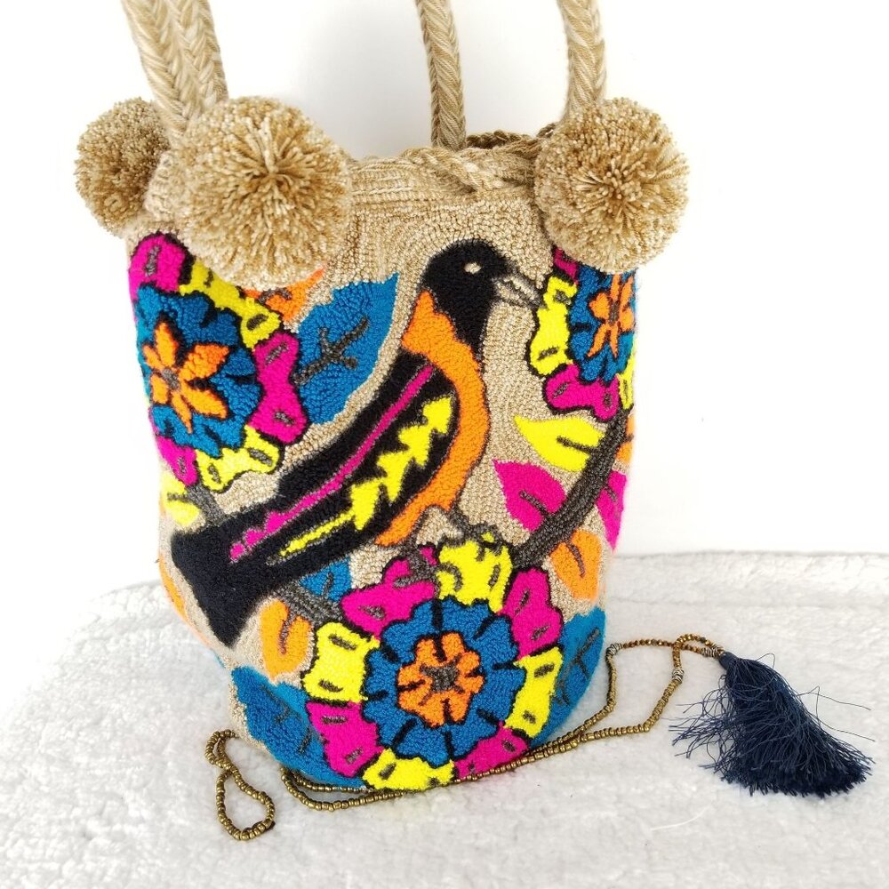 Handwoven Boho Bird & Floral Design Tote Bag With Tassels‎ & Pom-Poms《321》P